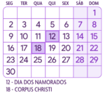 Calendario Junho 2025 Roxo