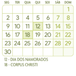 Calendario Junho 2025 Verde