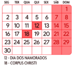 Calendario Junho 2025 Vermelho