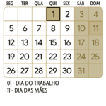 Calendario Maio 2025 Dourado