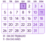 Calendario Maio 2025 Roxo