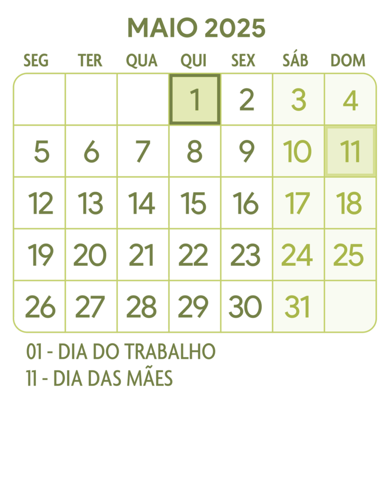 Calendario Maio 2025 Verde - Fazendo a Nossa Festa