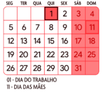 Calendario Maio 2025 Vermelho