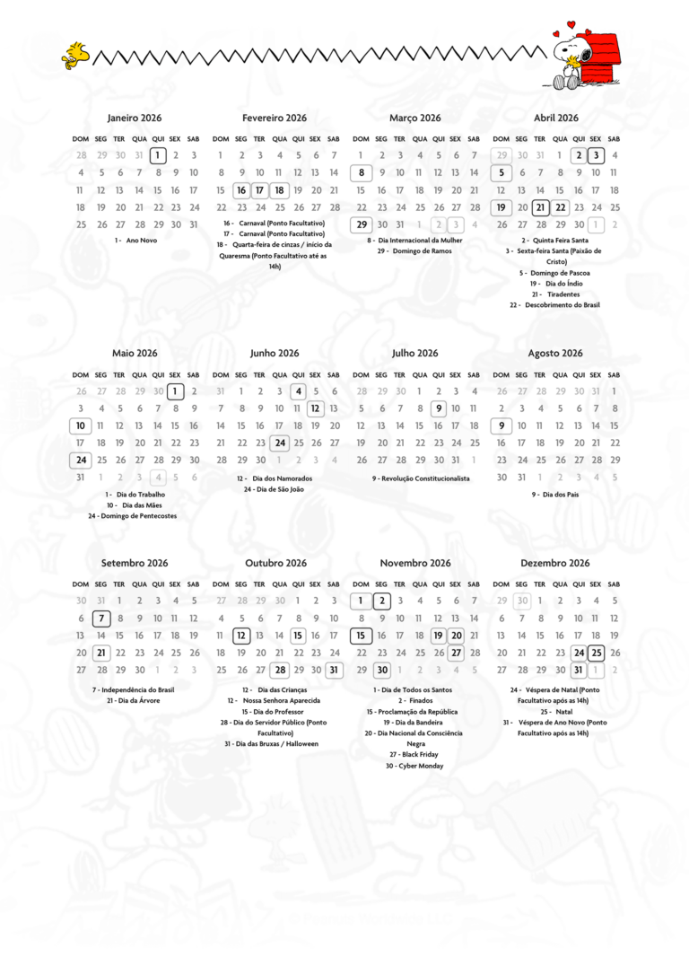 Calendario 2026 Planner Snoopy - Fazendo a Nossa Festa