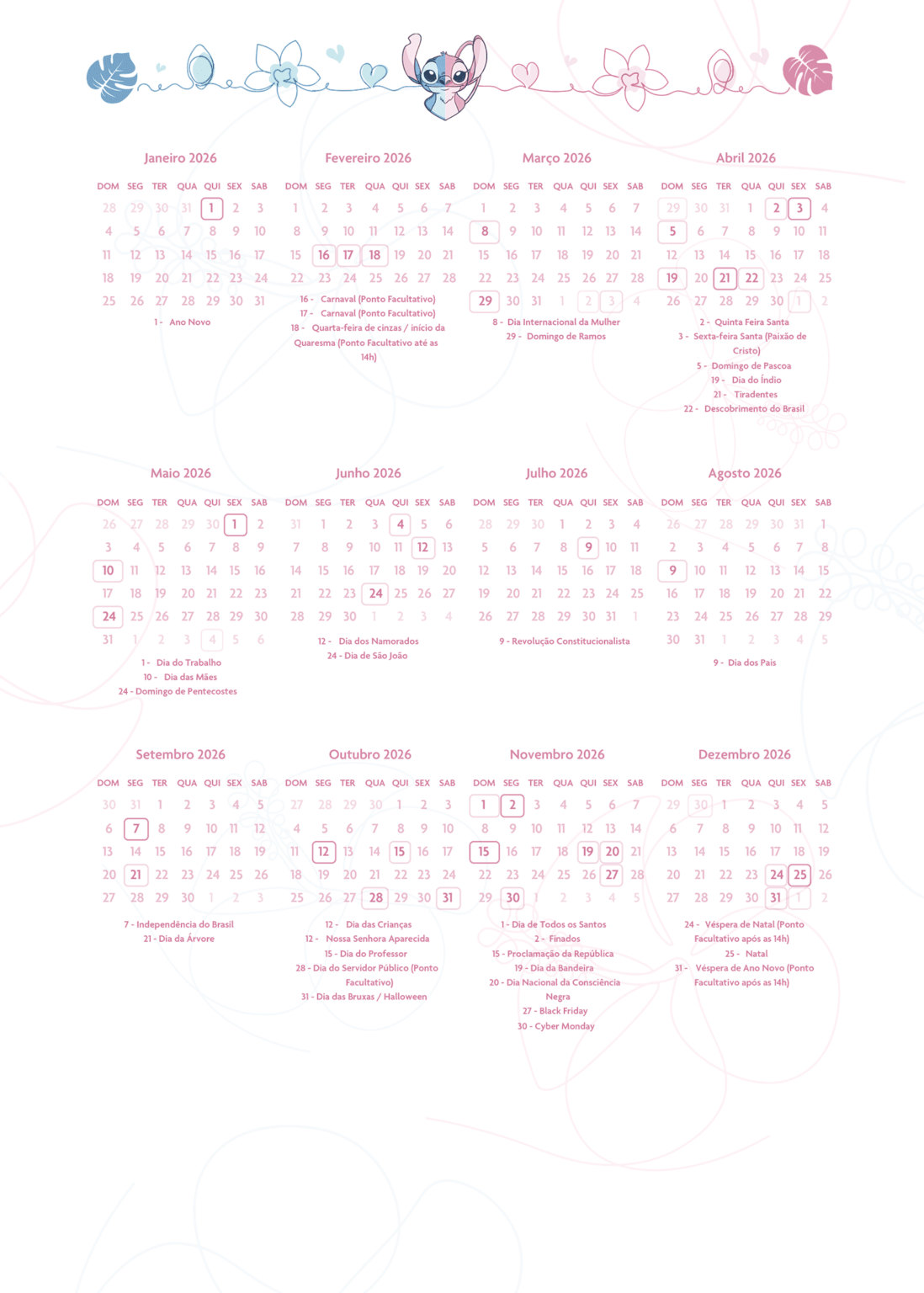 Calendario 2026 Planner Stitch e Angel 2025 Fazendo a Nossa Festa