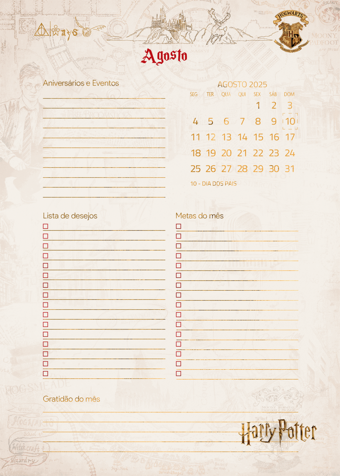 Calendario Mensal Agosto Planner Harry Potter 2025 - Fazendo a Nossa Festa