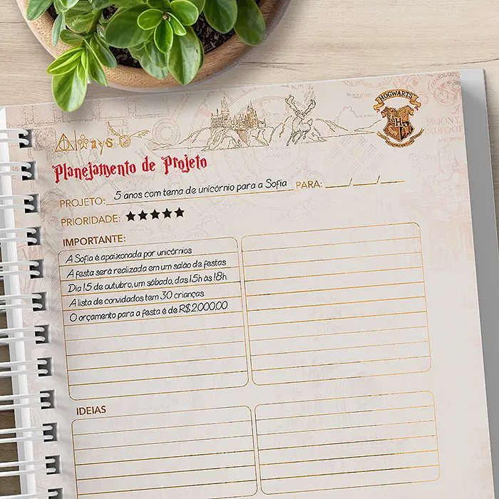 Planejamento de Projetos com Exemplo Planner Harry Potter