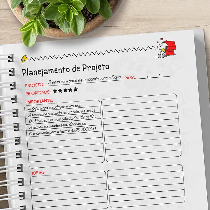 Planejamento de Projetos com Exemplo Planner Snoopy