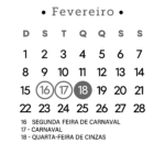 Calendario 2026 Fevereiro