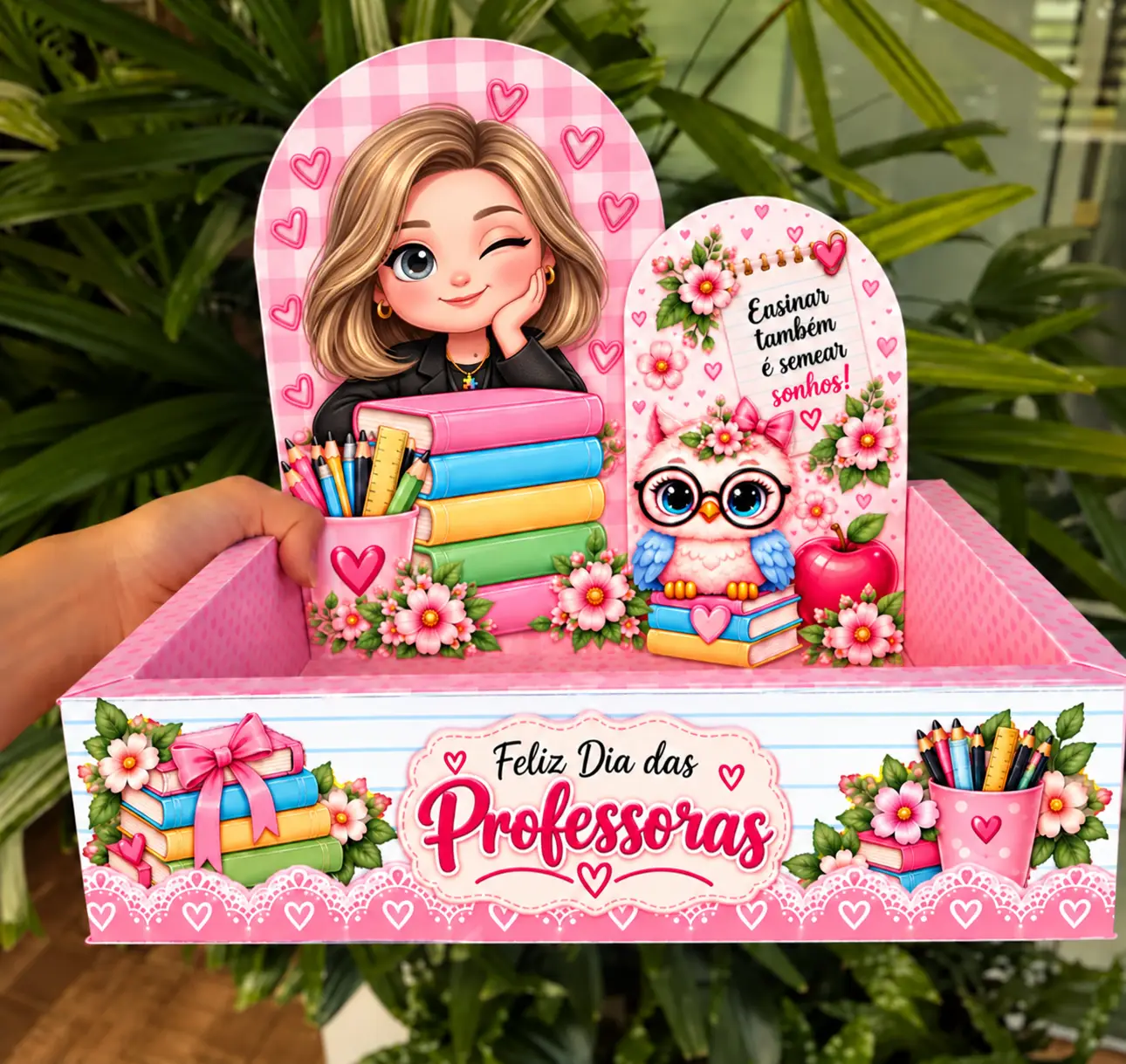 Caixa cenário Dia dos Professores com a professora personalizada a partir da foto