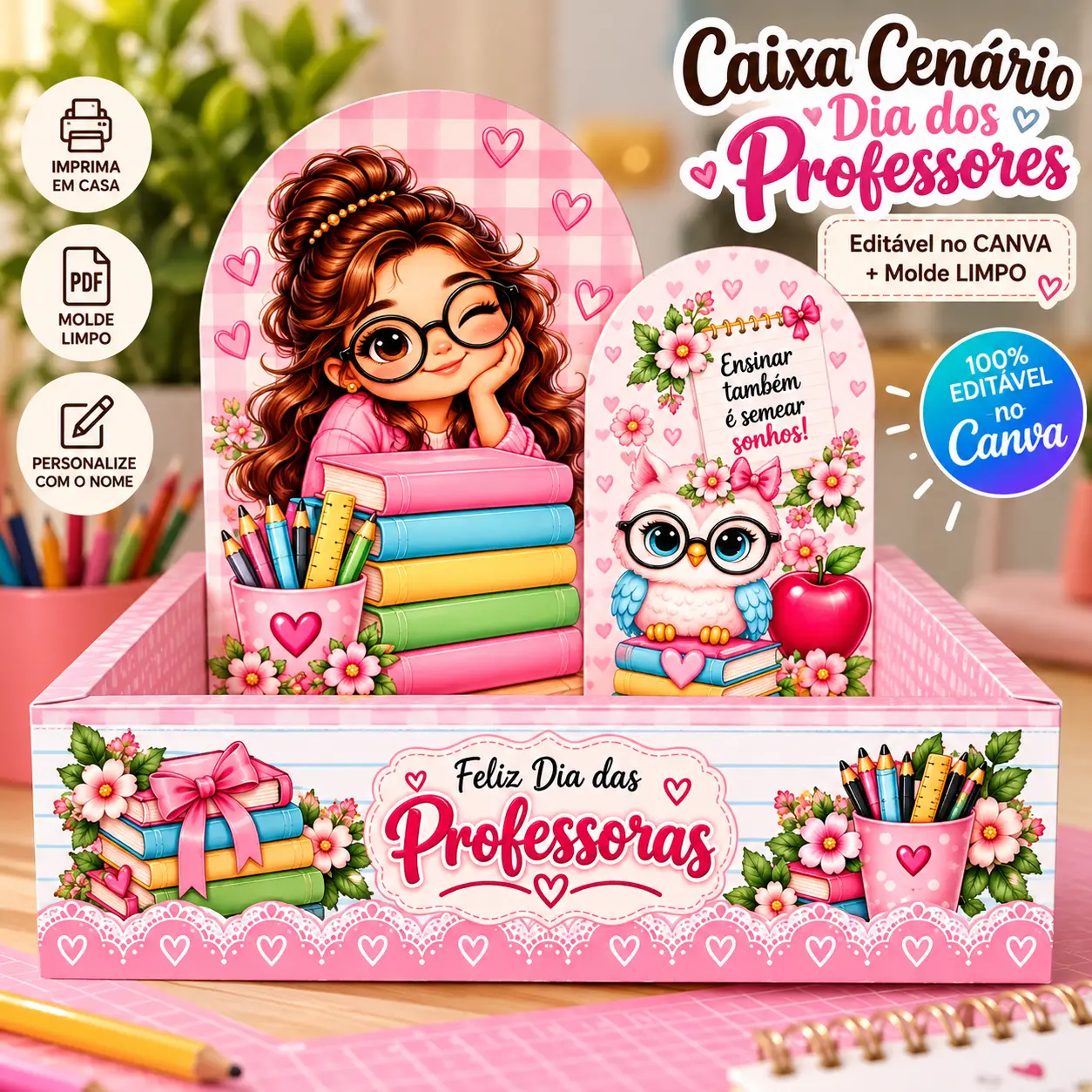 Caixa Cenário Dia dos Professores: Molde Grátis e Editável no Canva