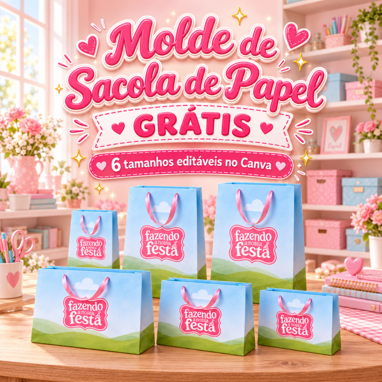 Molde de sacola de papel grátis em 6 tamanhos editáveis no Canva