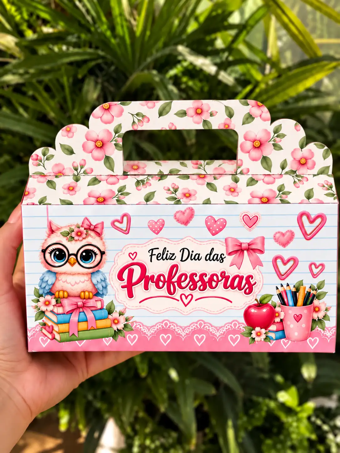 porta caixa de bombom com alça Dia dos Professores estampa floral com corujinha