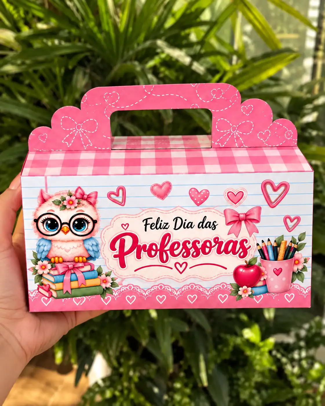 porta caixa de bombom Dia dos Professores montado com estampa xadrez rosa