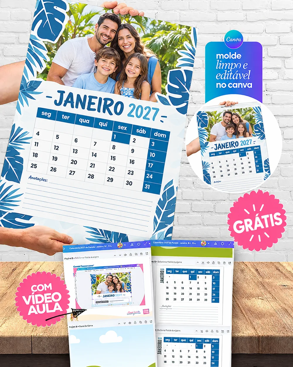 Calendário 2027 de parede grátis editável no Canva
