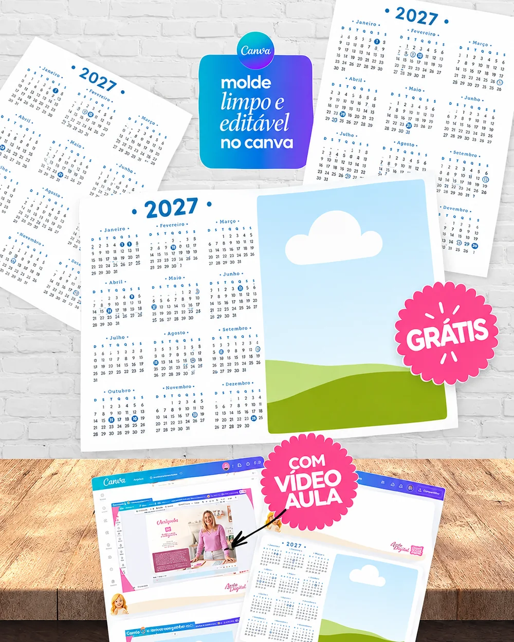 Calendário 2027 meia folha A4 grátis editável no Canva