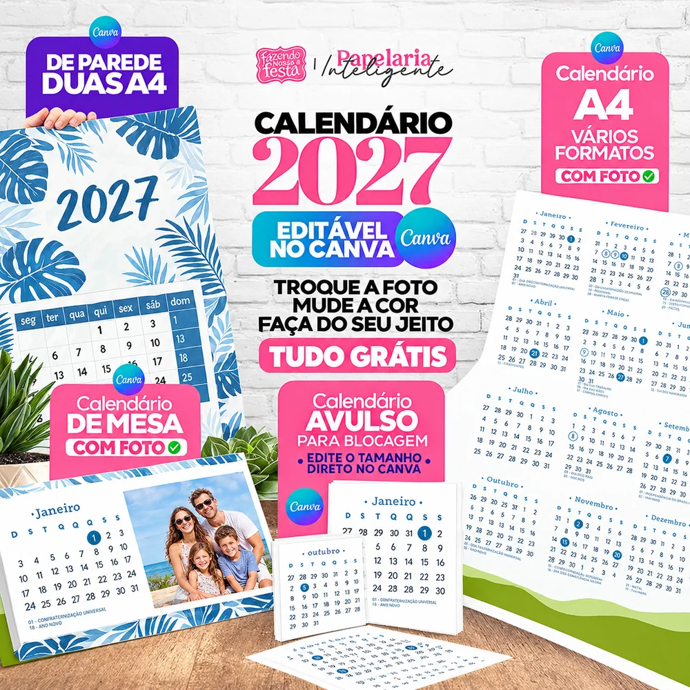 Calendário 2027 para Imprimir Grátis – PDF + Editável no Canva