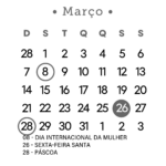 Calendário 2027 Preto e Branco Março
