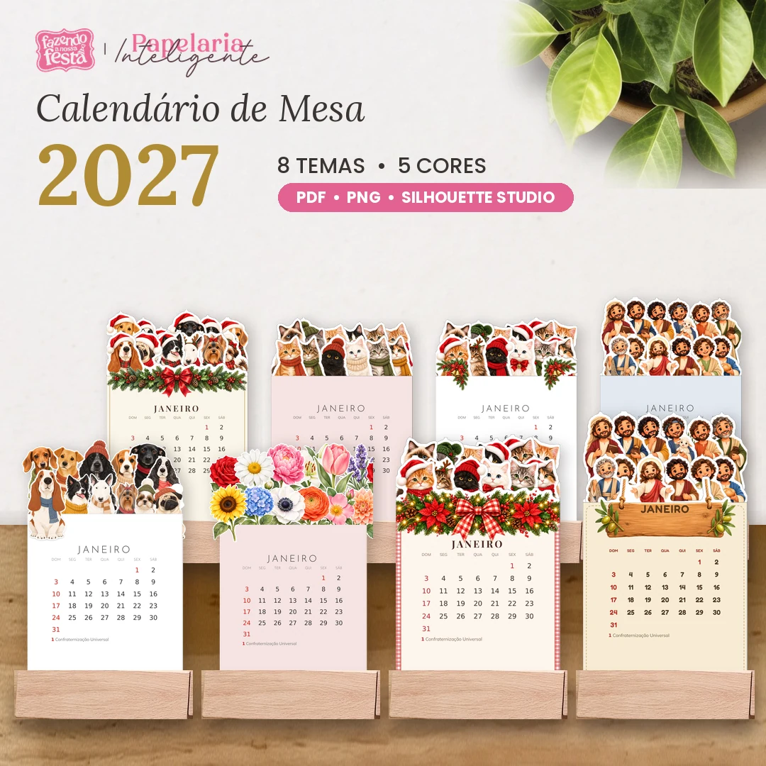 Calendário de mesa 2027 para imprimir com 8 temas