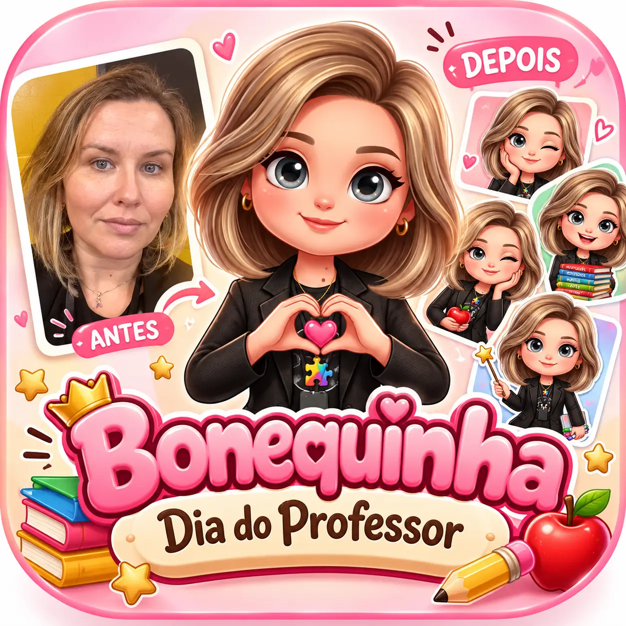 Antes e depois: foto da professora transformada em bonequinha fofa para o Dia do Professor