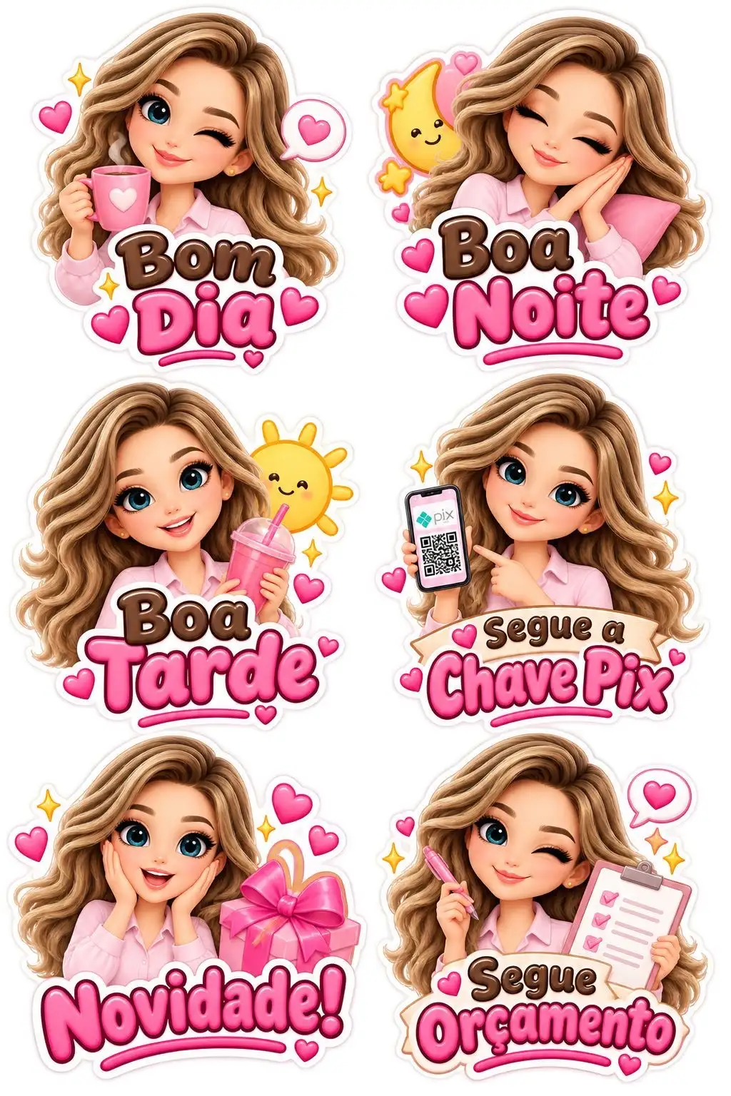 segunda cartela de figurinhas para WhatsApp com bom dia, boa noite e chave pix