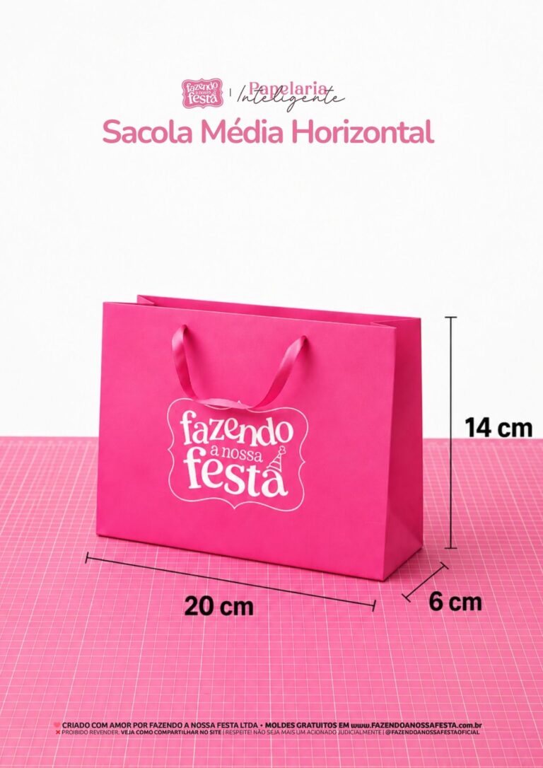Molde de sacola de papel média horizontal, 20 x 14 x 6 cm